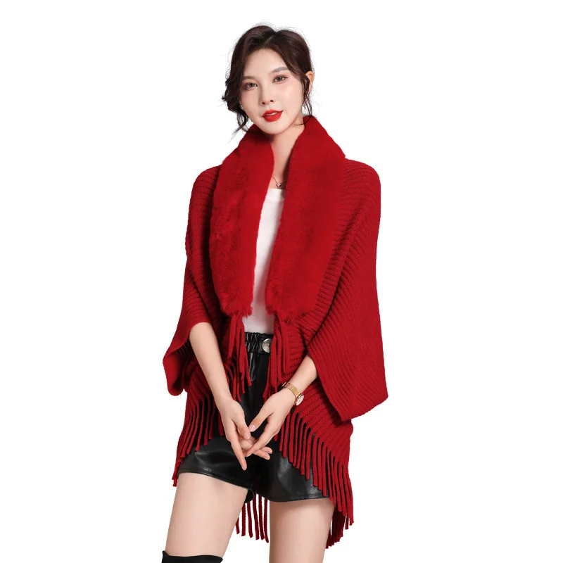 Loose wool-like collar tassel knitted cardigan shawl woman