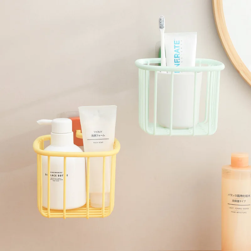 

Wall-mounted Shelf Basket Organizer Without Holes Kitchen Shelves Bathroom Toothbrush Cup Holder Draining Storage Basket