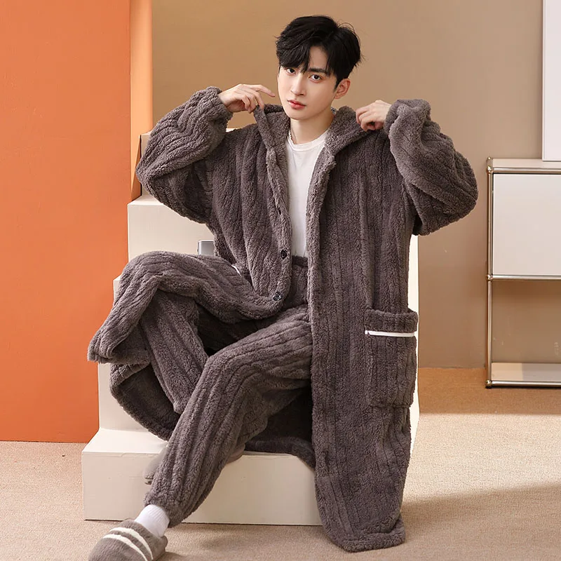 Men Coral Fleece Robe Set Winter Plus Size Kimono Thick Warm Bathrobe Flannel Men Robe Cold Pijama Hombre Cardigan Robes Gown