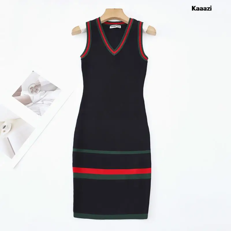 

KAAAZI V New Neck Stripe Knitted Tank Dresses Casual Slim Fit Simple Fashion Women Sleeveless Midi Dress Sexy Clothes Vestidos