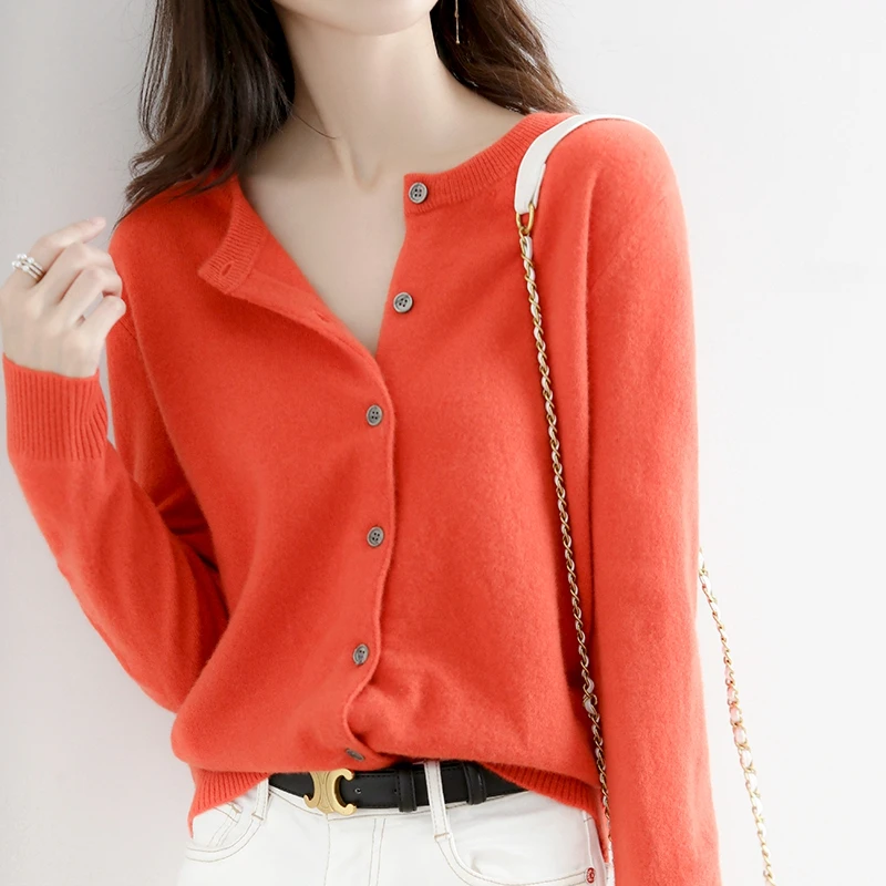 Осень 2024 новый шерстяной женский кардиган. Куртка с круглым вырезом однотонный