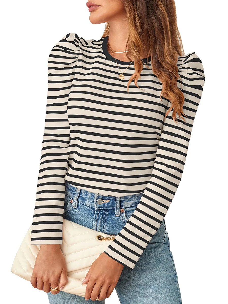 Женская трикотажная футболка в полоску с длинным рукавом и круглым вырезом