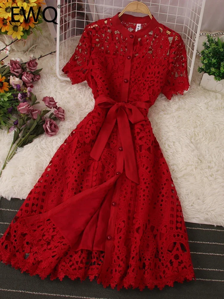 

EWQ French Stylish Hollow Out Lace Vestido Women Elegant Solid Open Stitch Lace-up Evening Dress 2023 New Tide Summer SN0183