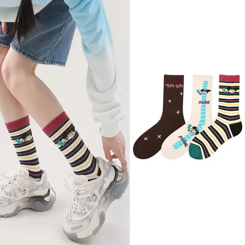 Renaissance original design women's socks matching color striped socks Combed cotton 3 pairs combination ins trend tube socks