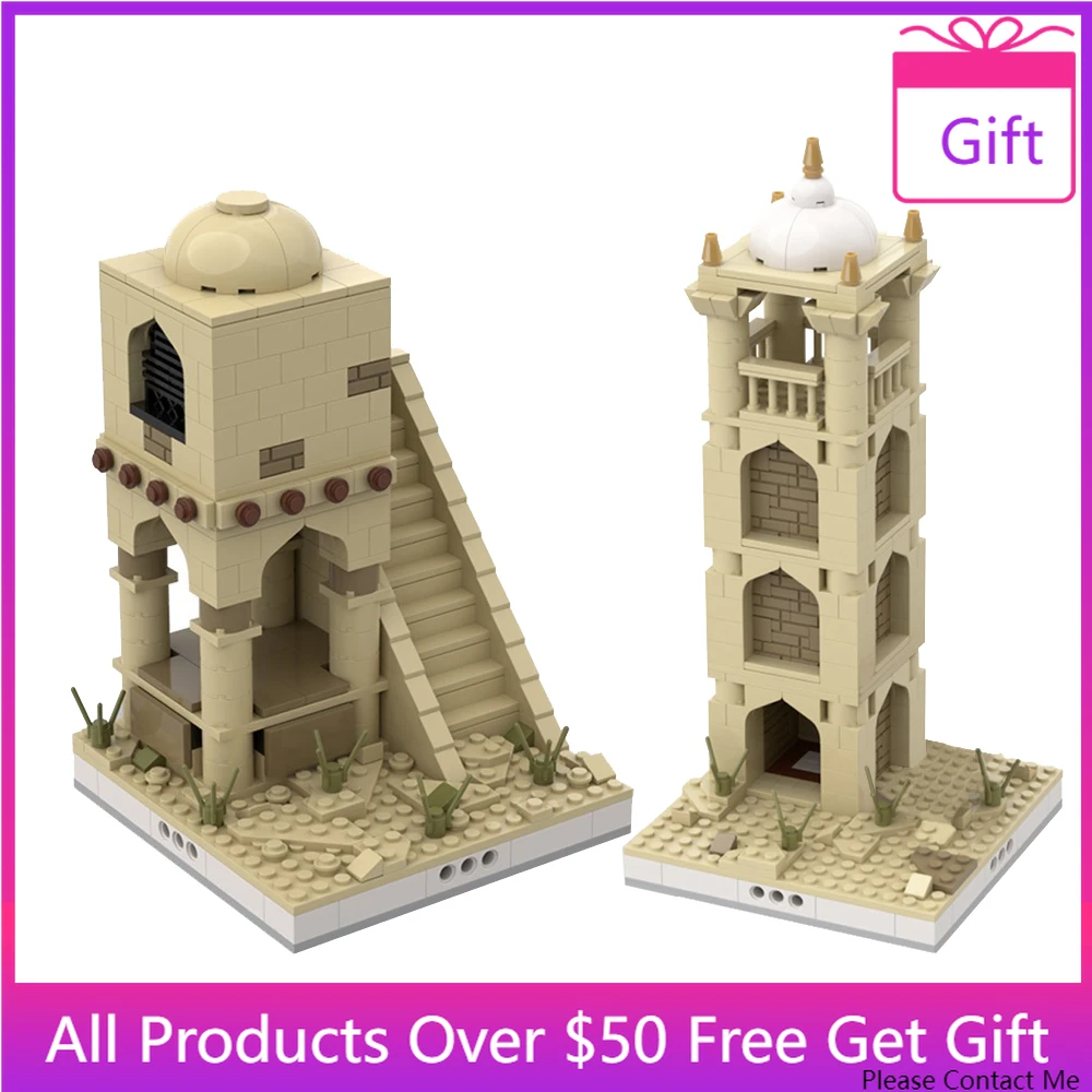 

MOC Desert Architecture House Tower Temple Oasis Sheep Coconut Tree Model Building Blocks Street view Set Kid Educational Toy