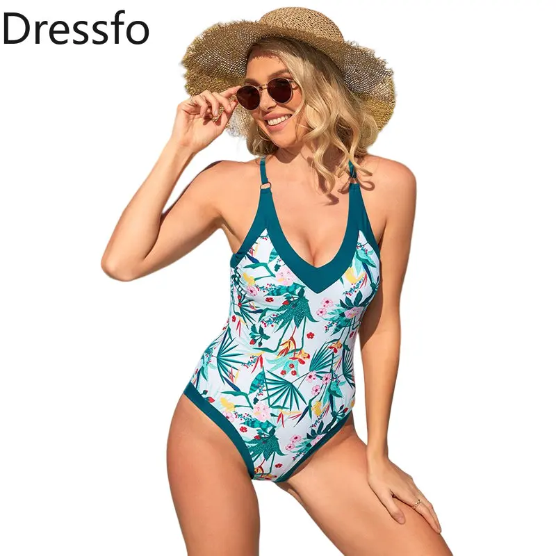 

Dressfo One-piece Swimsuit Crisscross Leaf Flower Print V Neck Padded Swimwear Bathing Suit Women 2023