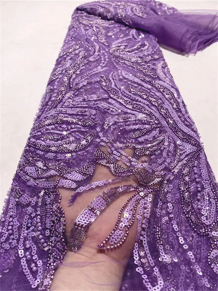 

High Quality African Handmade Beaded Lace Fabric Wine French Embroidery Lace Fabric For Nigerian Wedding Party