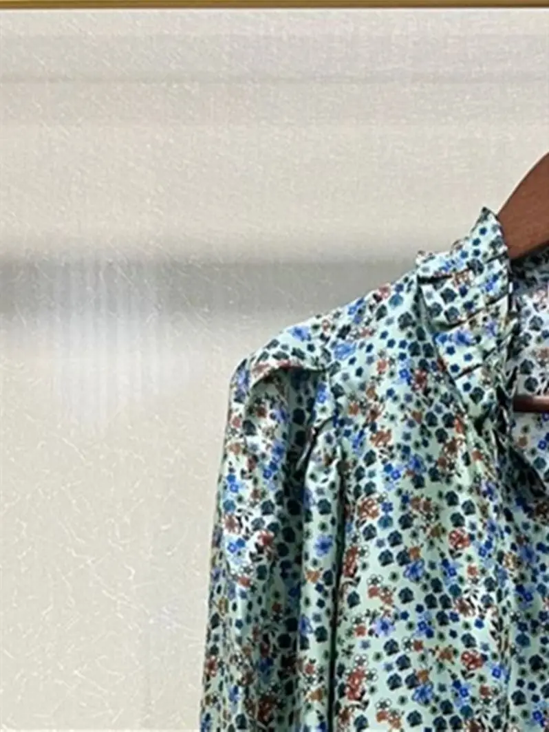 

Women Blouse Ruffles Lace-up Long Puff Sleeve Floral Print Shirt Casual Spring Summer 2023