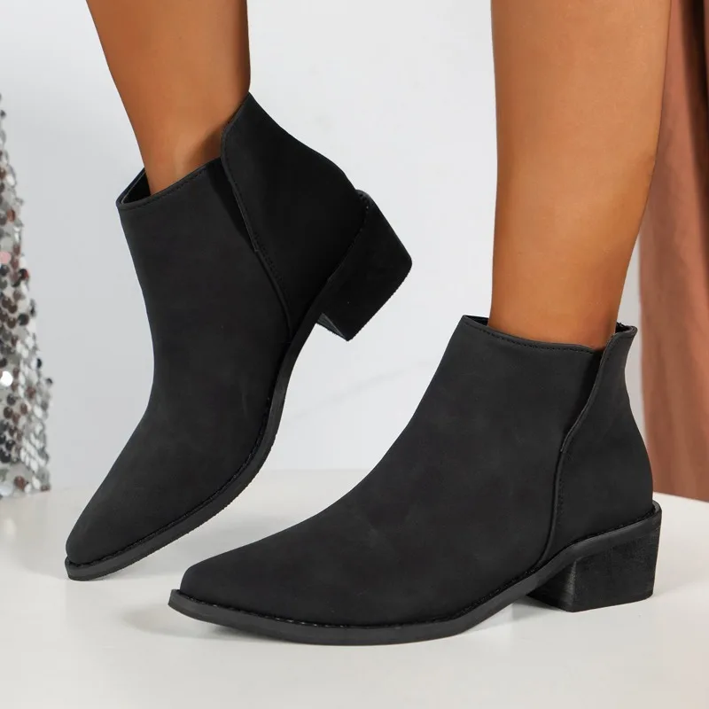 

Female Shoes on Sale 2023 Basic Women's Boots Retro Ankle Boots Women Solid Sewing Pointed Toe Slip-on Square Heel Shoes Women