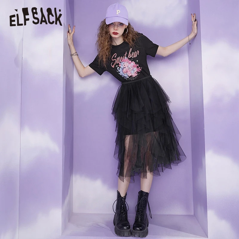 

ELFSACK/черное платье-футболка с коротким рукавом из двух частей для женщин 2022 летнее платье с высокой талией дамское Повседневное платье с выс...