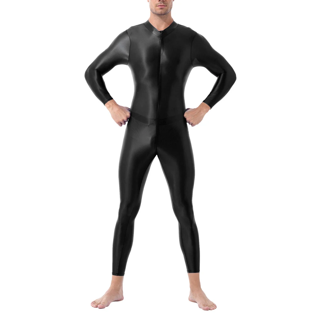 

Комбинезон мужской с длинным рукавом, пикантное блестящее боди на молнии, однотонное гладкое нижнее белье, Эротическая Пижама для геев