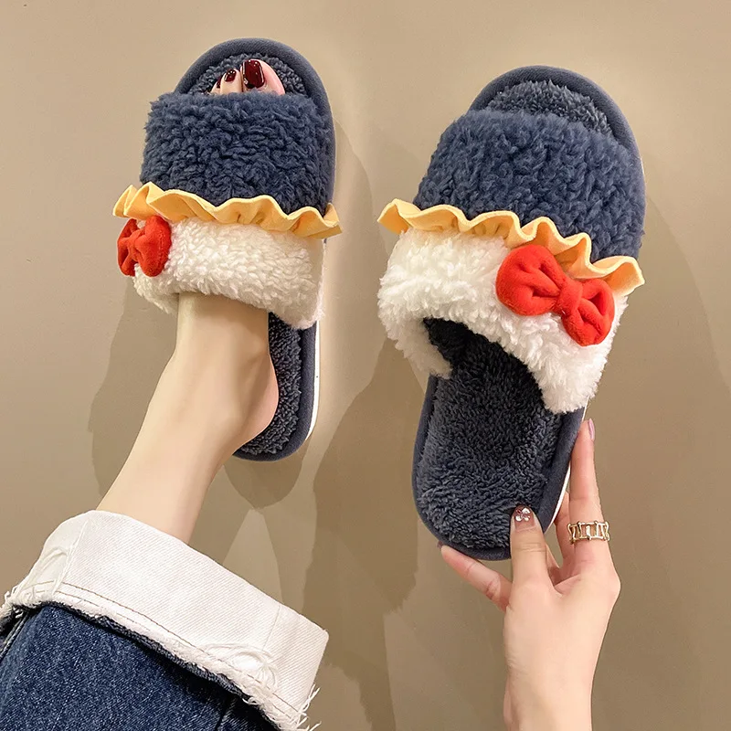 

Shoes Winter Woman Slipper Flock Slides Pantofle Low Platform Cover Toe Fur Flip Flops 2022 Plush Hoof Heels Basic Rome Rubber