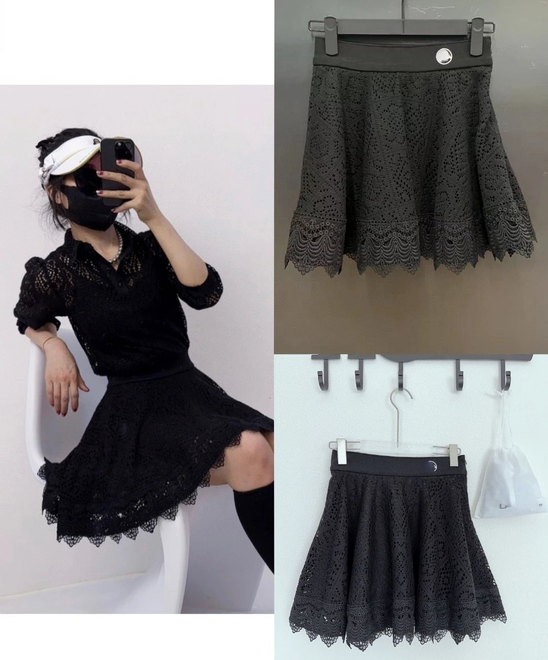 

Golf Women's Summer Black Lace Style Top Shirt and Fashion Elegant Lady Swing Slim Umbrella Dress Short Skirt Set