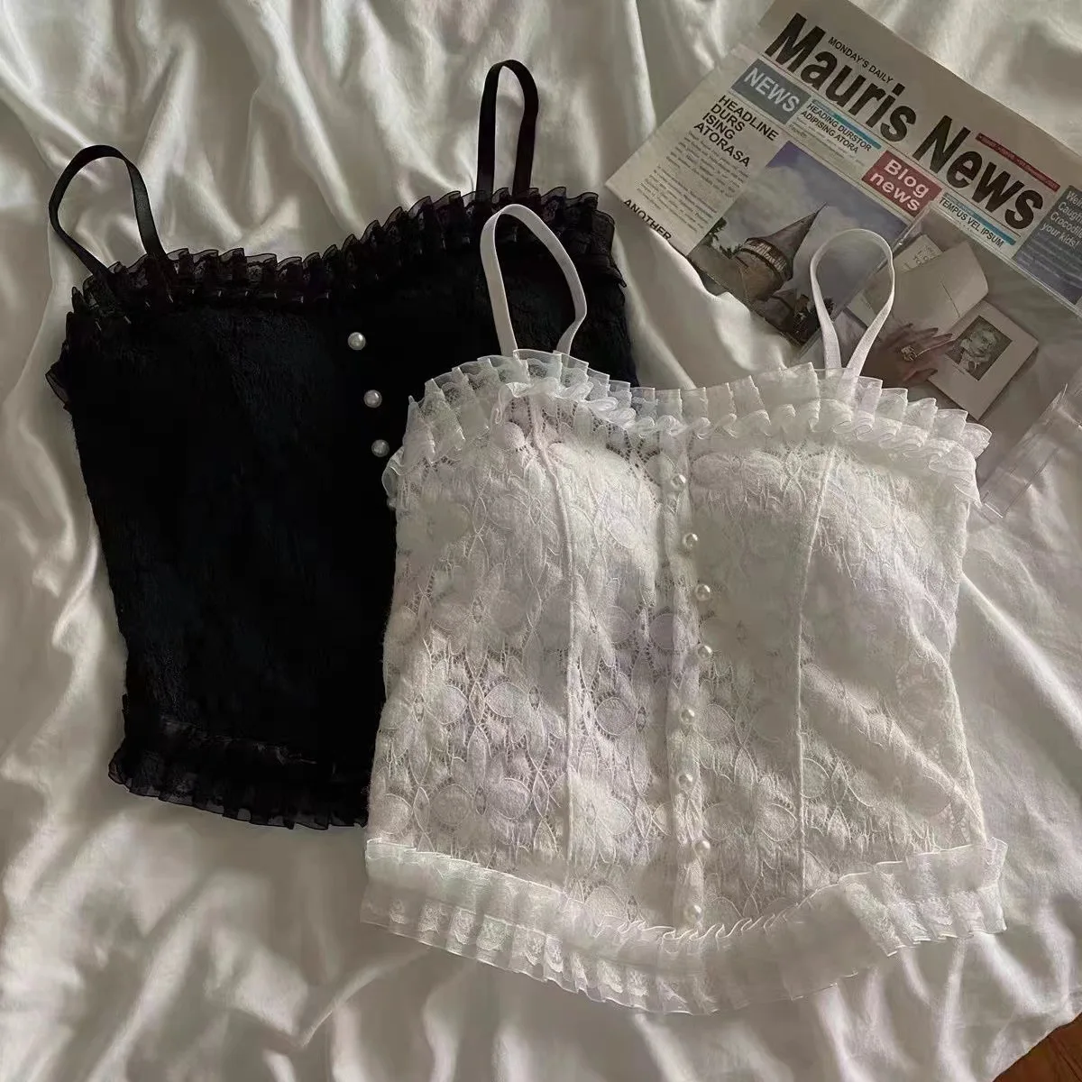 

2023 Summer Girls Sexy Lace Suspender Vest with Pearls