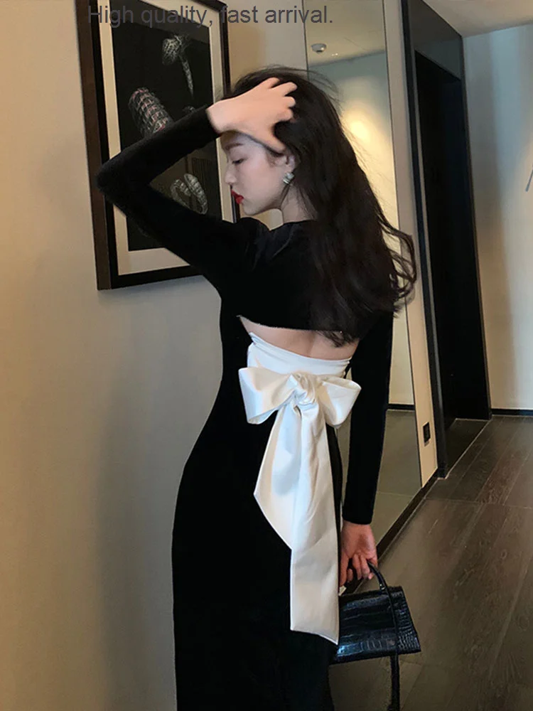 

French Style Black Temperament Entry Lux Socialite Niche Long Dress Velvet Dress Annual Party Banquet Small Dress for Women
