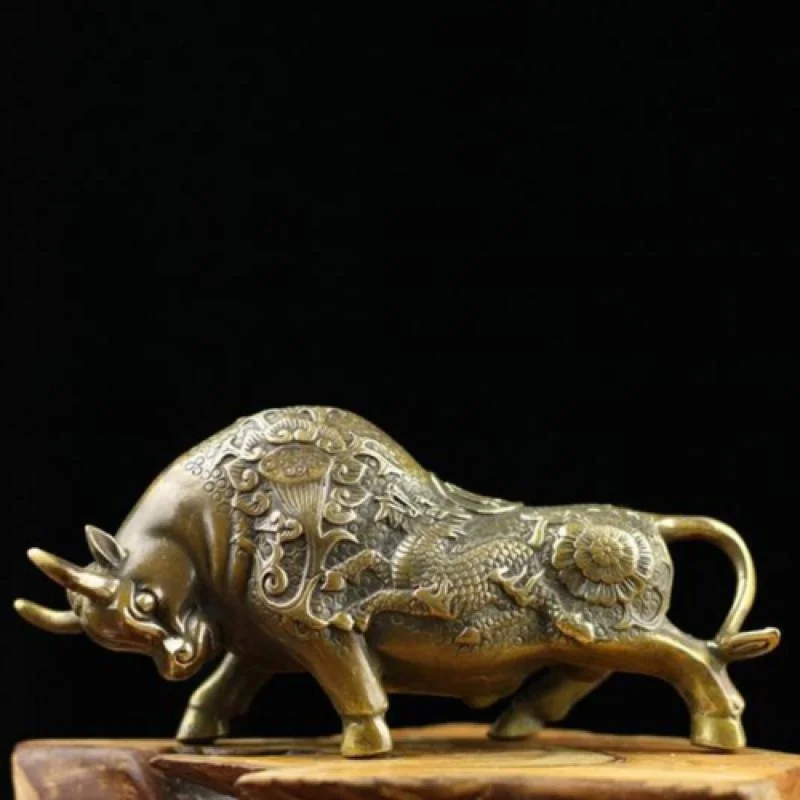 

19 см китайская старая латунная статуэтка ручной работы в виде коровы с рисунком дракона лотоса