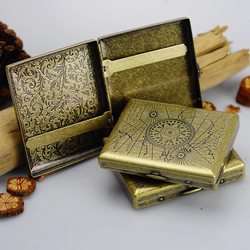 

Vintage Bronze Printed Flip Cigarette Case Metal Engraved Anti-Pressure Waterproof Cigarette Accessories with Gift Box