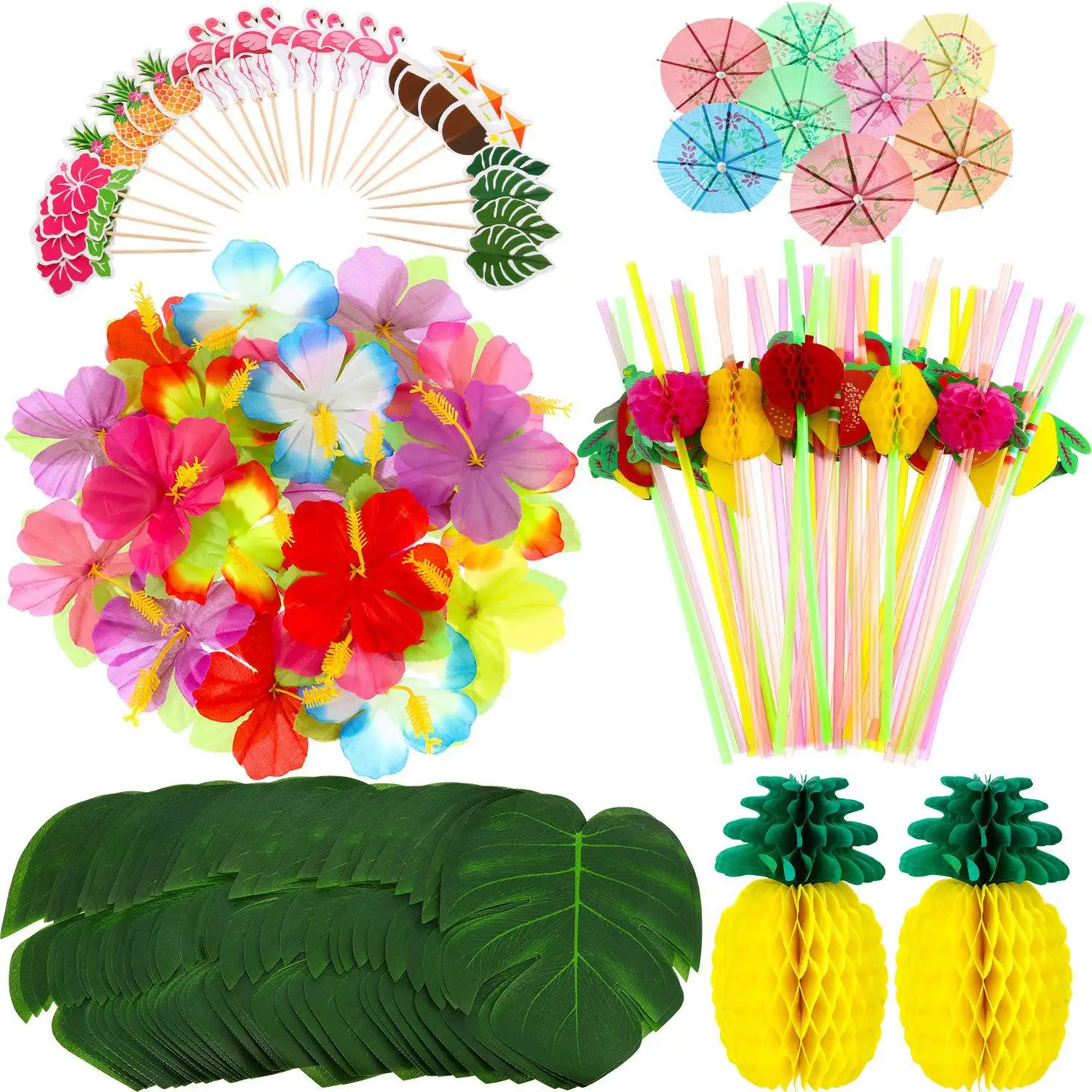

136pc Hawaii Simulated Turtle Leaf Hibiscus Flower Pineapple Straw Flamingo Cake Topper Happy Tropical Alaha Luau Birthday Party