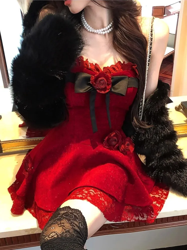 Y2K милое мини-платье с цветочным принтом для женщин элегантное кружевное