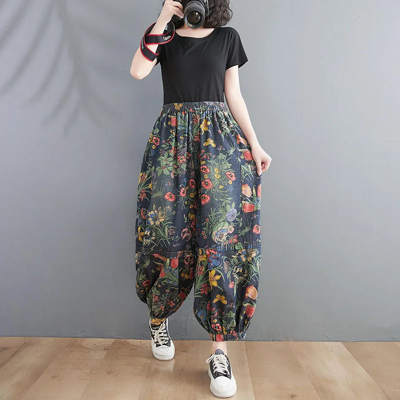 British Fashion New 2022 Ladies Printed Floral Jeans Women Vintage Blue Denim Pants Female Street Style Oversized Pantalons