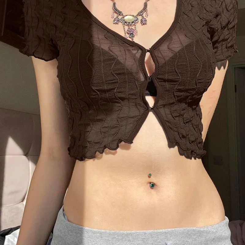 

2022 New Fashion Pure Lust Girl Solid Color Lace Semi-Perspective Fungus Sdge Hidden Button Navel Cardigan Short Sleeves