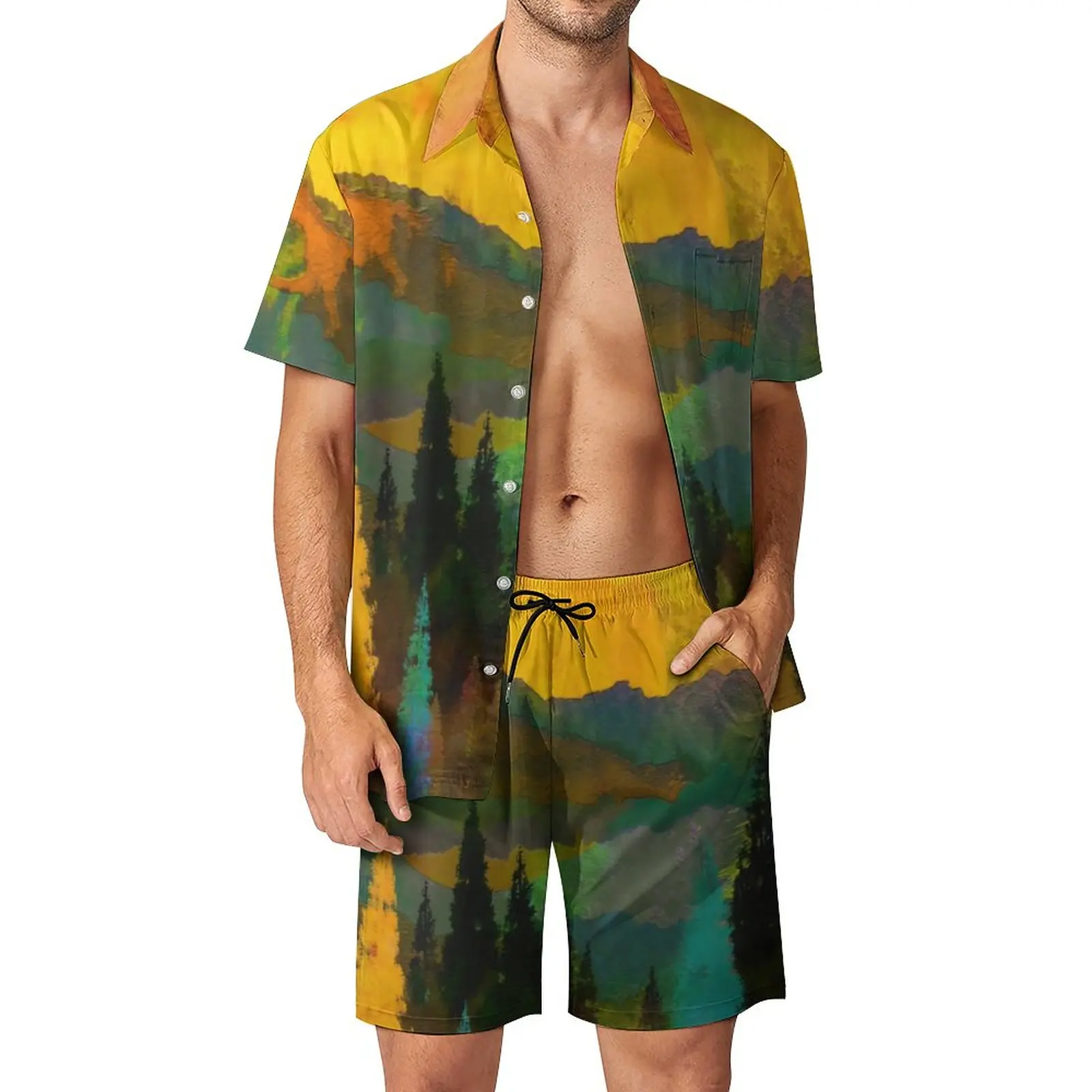 

Комплект пляжный мужской с принтом «деревья и горы» и короткими рукавами