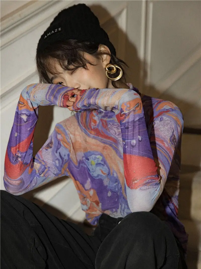 Женская Сетчатая футболка CHEERART с длинным рукавом фиолетовая принтом и высоким