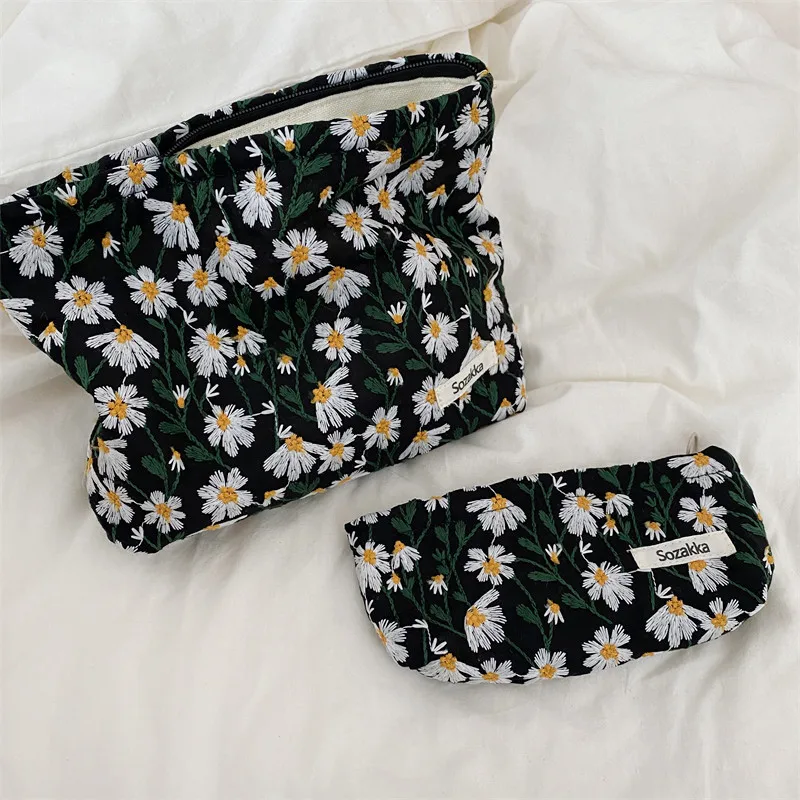 

Korean Embroidery Cosmetic Bag Women Floral Makeup Case Organizer Storage Pouch Travel Toiletry Bag Corduroy Canvas Beauty Case