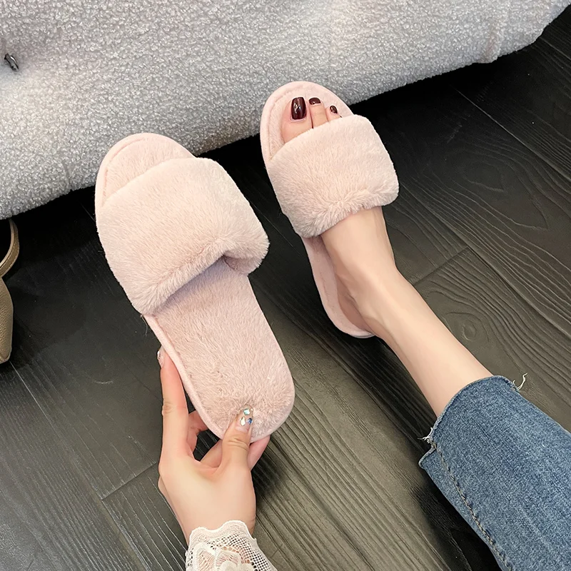 

Winter Women House Slippers Faux Fur Warm Flat Shoes Female Slip on Home Furry Ladies Slides Soft Comfortable Slipper Women's
