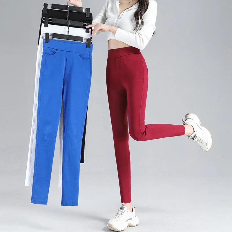 

Blue Red White Black Women Pencil Pants New Leggings High Waist Elastic Slim Skinny Fashion Casual Small-leg Trousers Streetwear