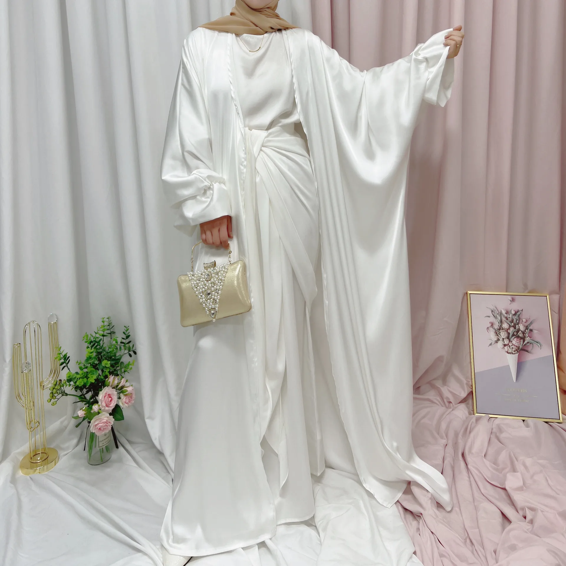 Muslim Women Open Abaya Luxury Robe Puff Sleeve Ramadan Dress Kimono Clothes Turkey Iran Dubai Ramadan Islamic Turkish Girl Wear