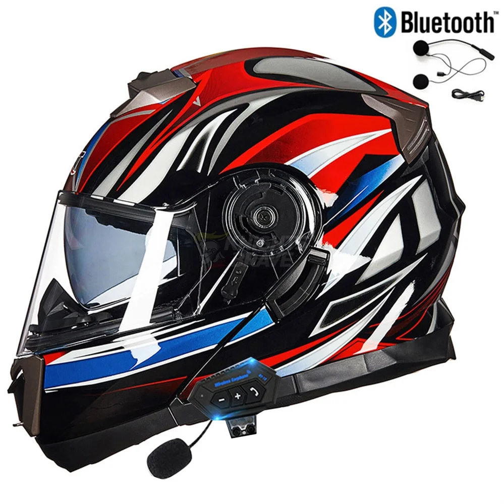 DOT Approved GXT Dual Lens Full Face Bluetooth Motorcycle Helmet Classic Safety Downhill Motocross Racing Flip Up Capacete Moto