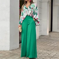 2022 autumn new loose casual long sleeve puff sleeve printed shirt top elegant wide leg pants two piece sets womens office wear