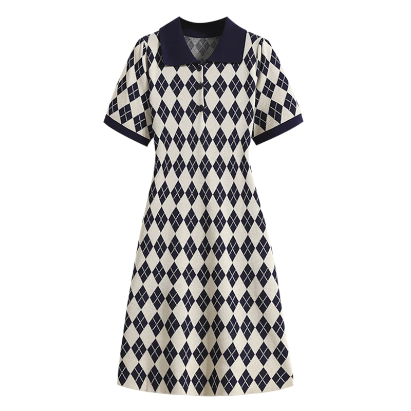 

Летние женские ромбовидные жаккардовые вязаные мини-платья с воротником-поло с коротким рукавом повседневные женские элегантные трапециевидные платья большого размера