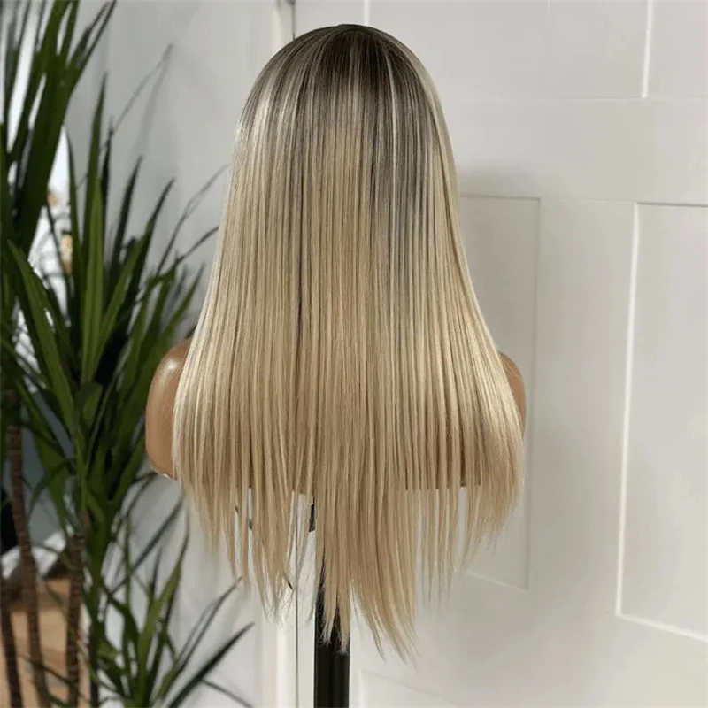 Фото Синтетический парик Ombre Blonde HD Lace Front с эффектом смешивания с натуральными волосами (пепельные корни), от производителя, дешевые парики на распродаже, 20 дюймов №3