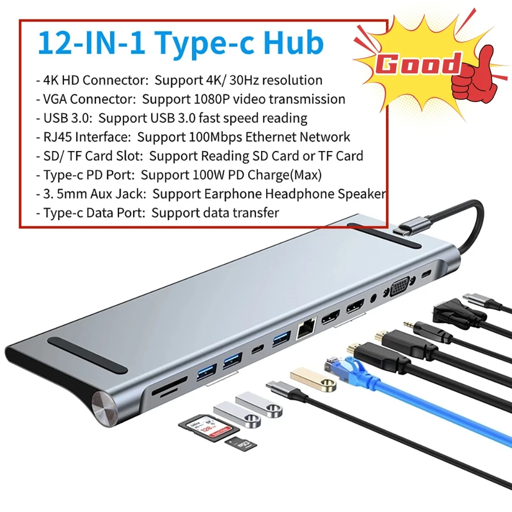 

USB-концентратор 12 в 1 с разъемами типа C и USB 3,0, 4K, RJ45, VGA, 3,0 мм