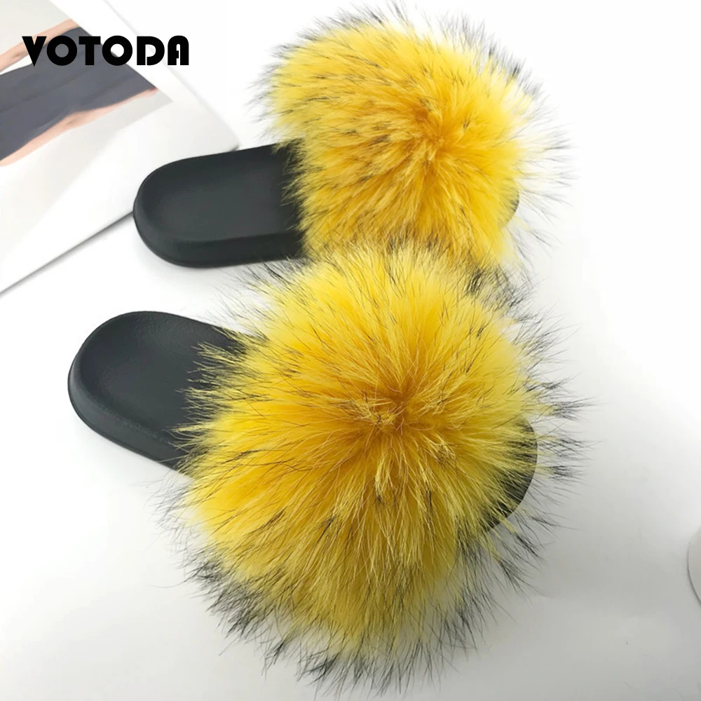 New Fur Slippers Women Fluffy Real Fox Fur Slides Fuzzy Raccoon Hair Flip Flops Comfortable Indoor Sandals Summer Woman Fur Shoe