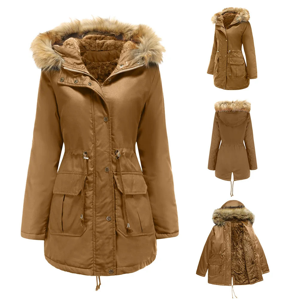 New European Size Fleece Lined Coat Hooded Fur Collar Winter Warm Coat plus Size Women's Cotton-Padded Jacket
