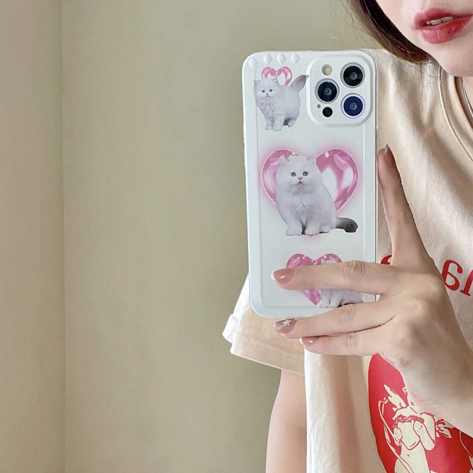 

Lovely Cat & Pink Heart Cute Cartoon Phone Case for Iphone 12 11 13 14 Pro Max XR 12ProMax 8 7 Plus X XS Max Soft Silicone