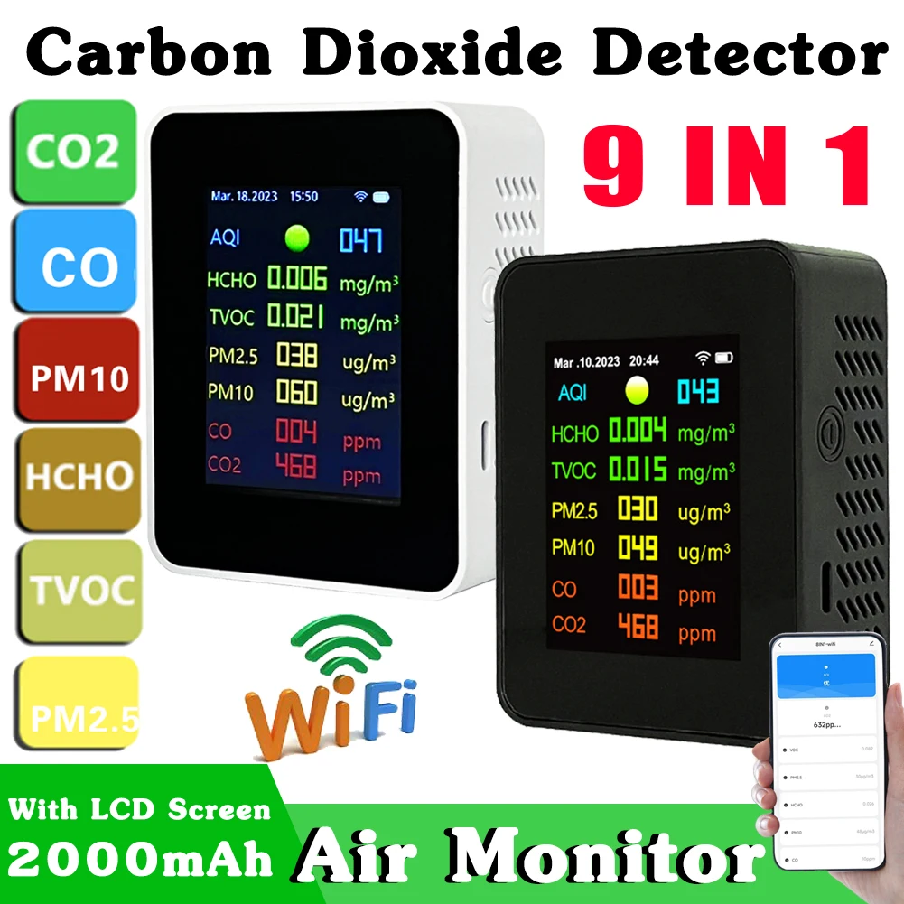 ９in 1 Digital Temperature Humidity Tester PM2.5 PM10 HCHO TVOC CO CO2 Meter WiFi LCD Carbon Dioxide Detector Air Quality Monitor