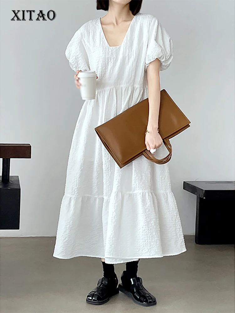 

XITAO Solid Color Patchwork V-neck Puff Sleeve Loose Dress 2022 Summer New Arrival Casual Fashion Temperament All Match WLD7893