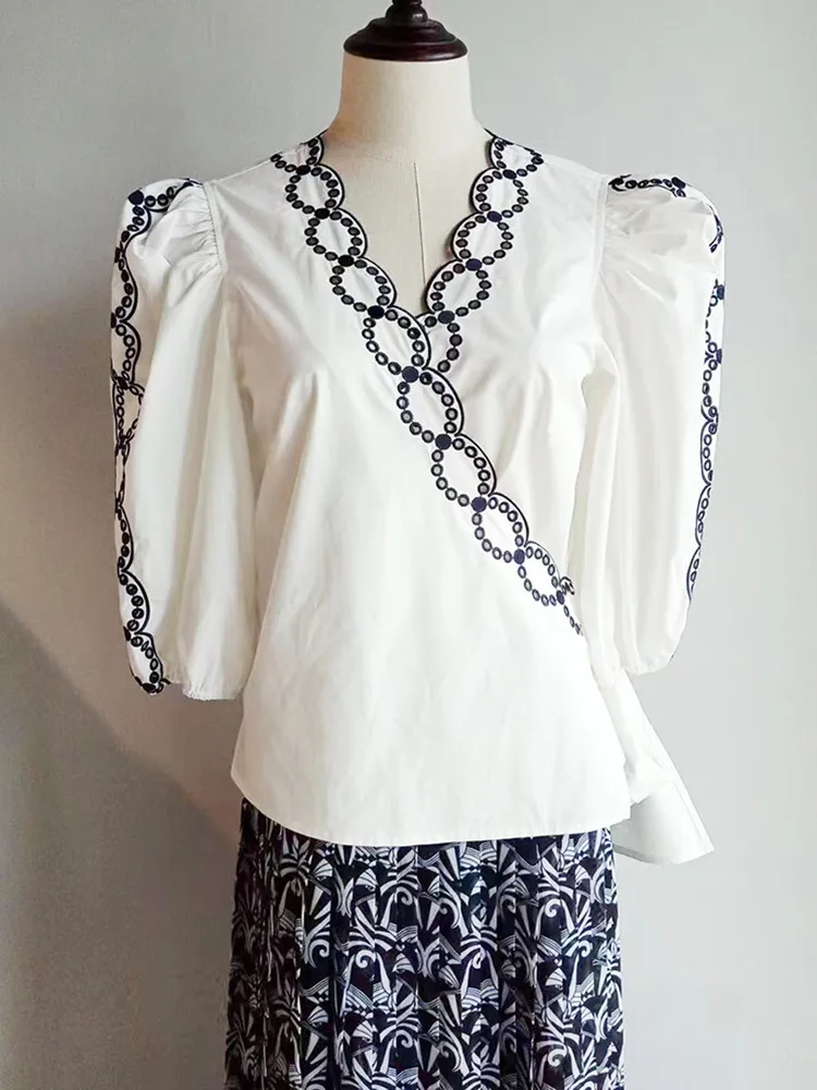 

Женская ажурная рубашка из 100% хлопка с V-образным вырезом и коротким рукавом