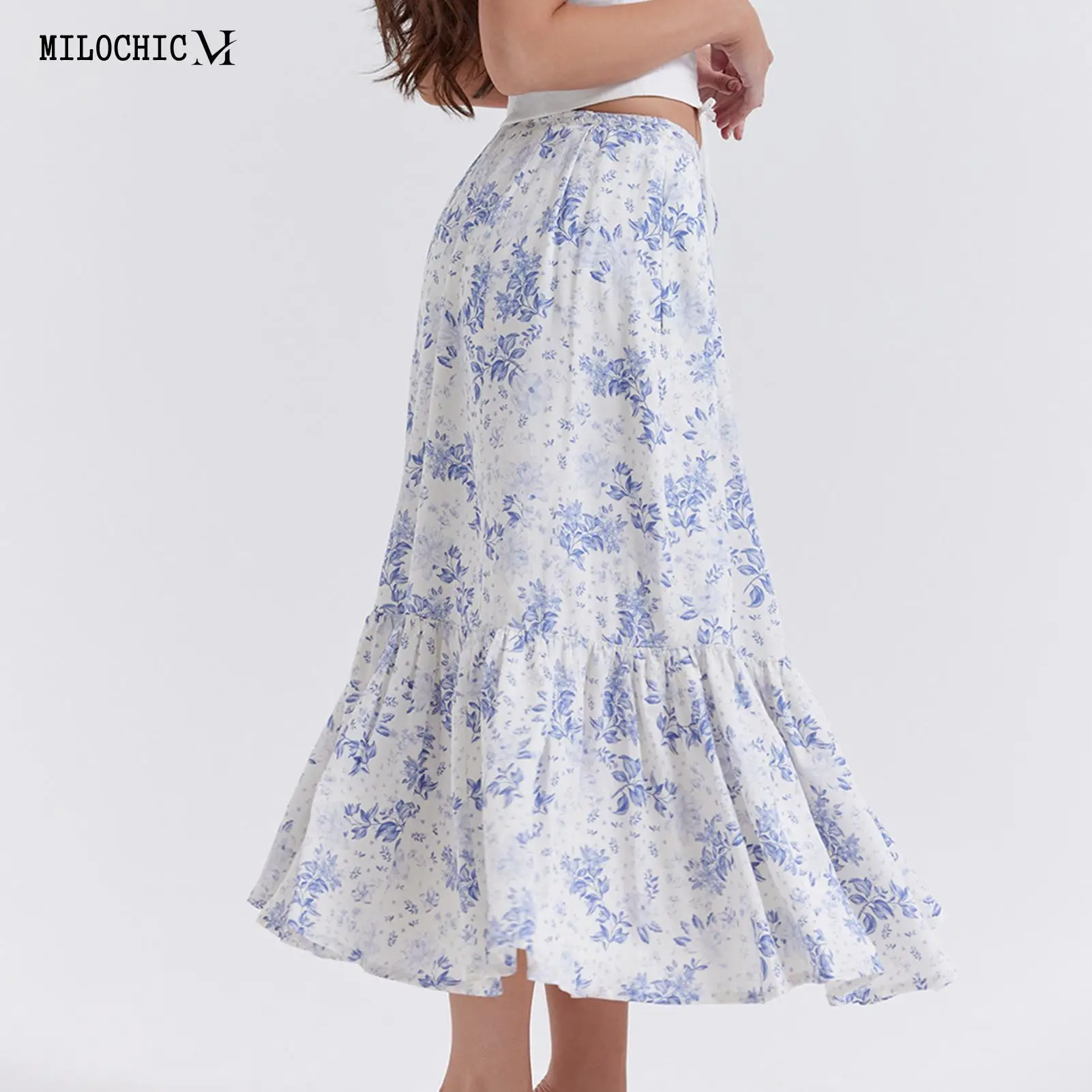 

Flounce Hem Floral Print Women Elegant Midi Skirt Summer Blue Skirt Pastoral Style Retro Style Holidays Vacation