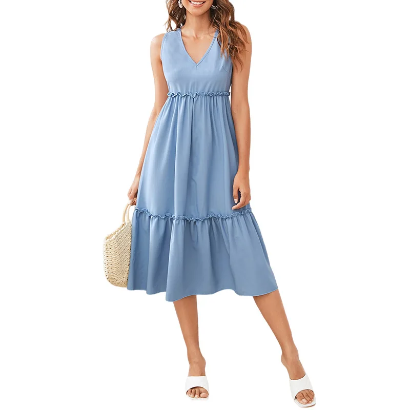 

2022 Spring Summer Casual Fashion V-neck Sleeveless Over-the-knee Solid Ruffle A-line Dress