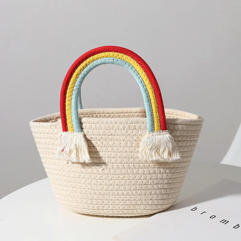 

Cute Rainbow Cloud Handbag New Handmade Cotton Thread Woven Bag Beach Vacation Bag Versatile Grass Woven Bags for women