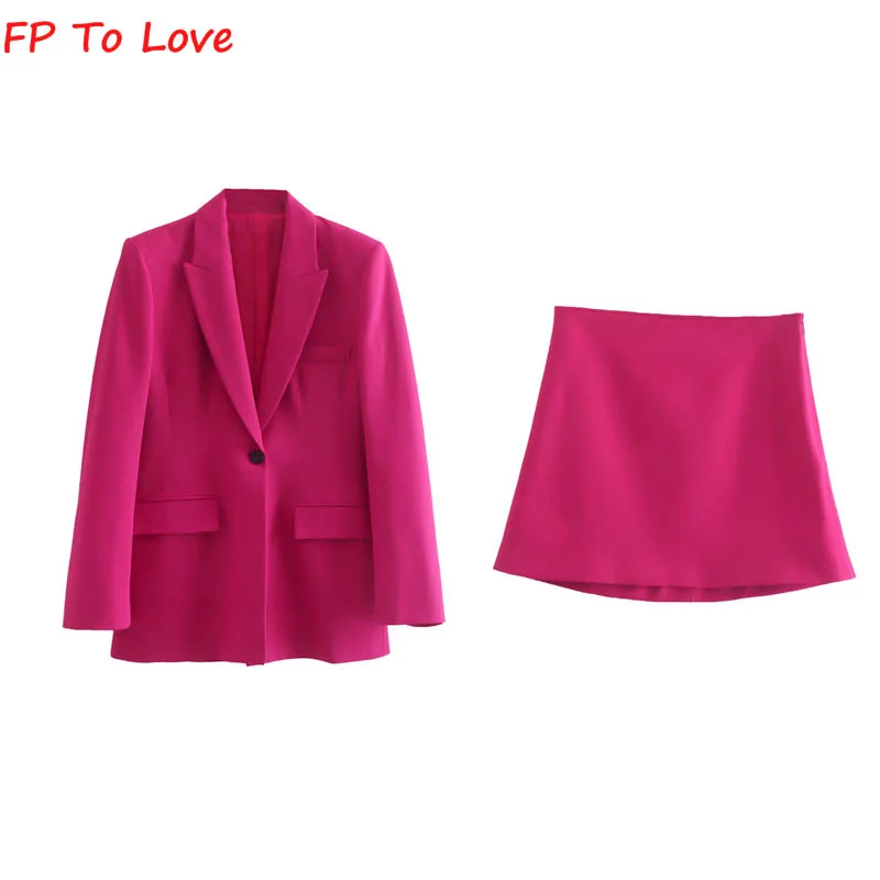 

FP To Love 2022 Spring Women's High Waist OL Mini Skirt Solid Color One Button Long Sleeve Blazer Rose Red Suit