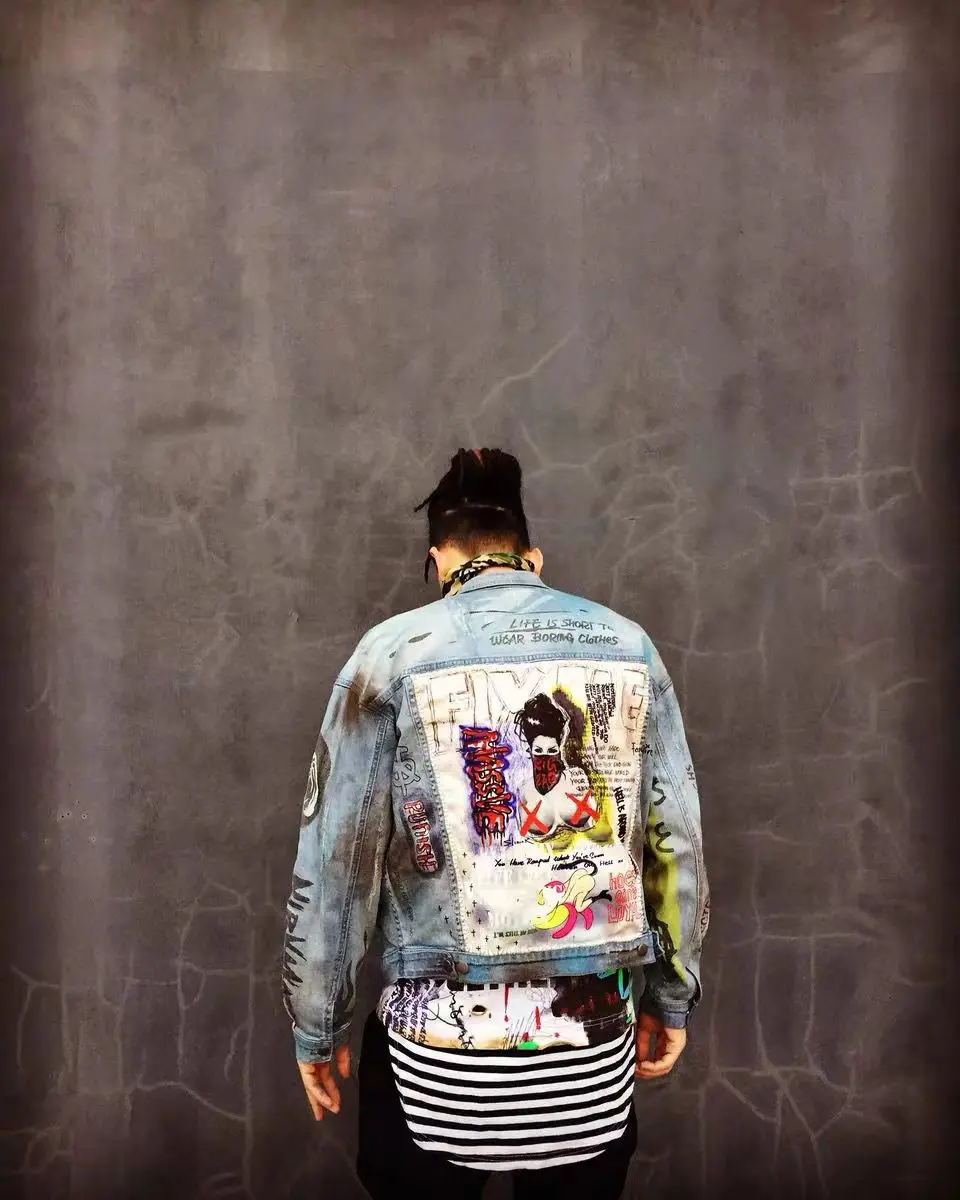 Men's Spring and Autumn New Street Personality Graffiti Print Pattern Rock Hip Hop Youth Feng Shui Washed Denim Jacket