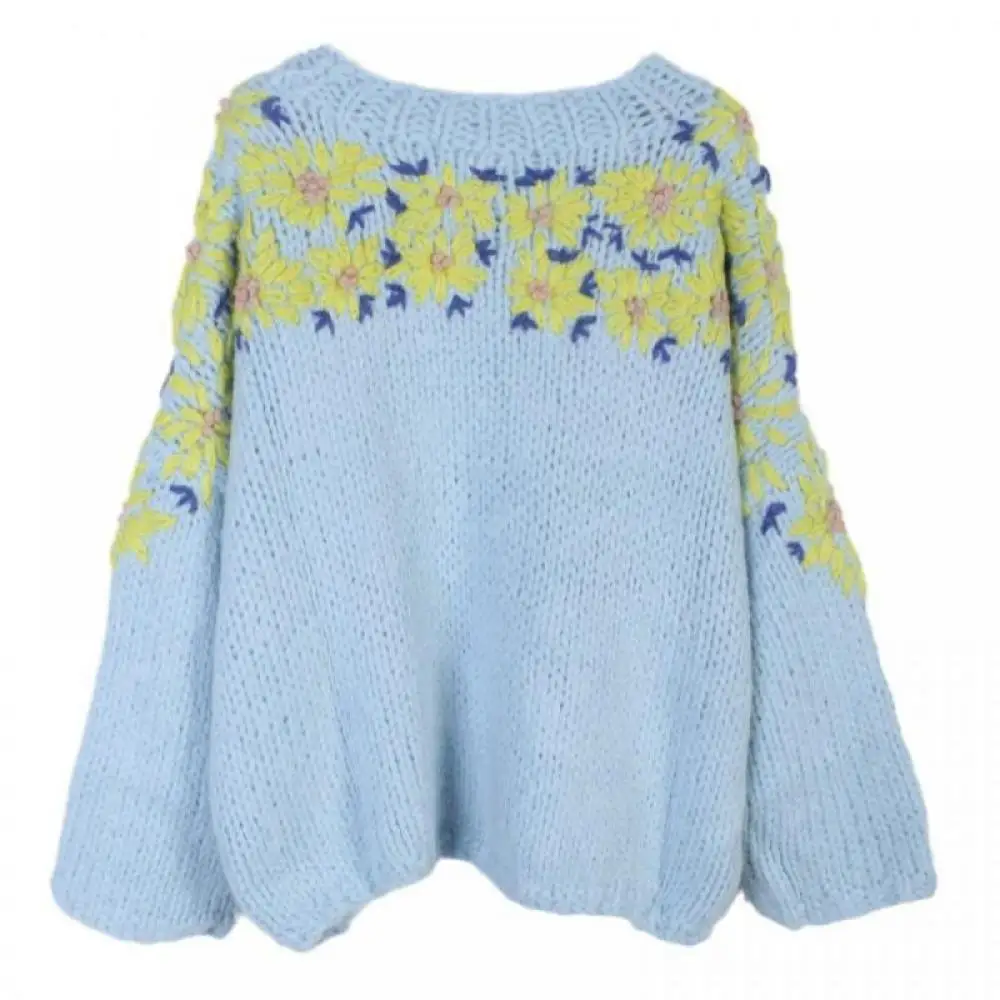 Желтый цветок вышитый вязаный свободный шерстяной пуловер женский с круглым