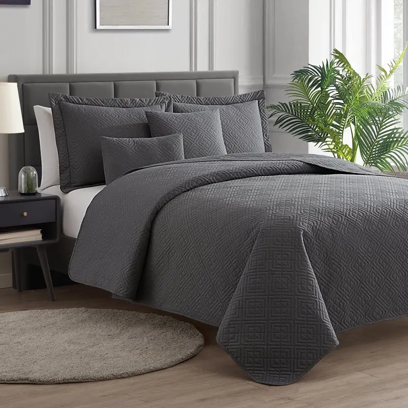 

5 Piece Quilt Set with Pillow Shams and Euro Shams, Soft Microfiber Lightweight Bedspread Coverlet, Modern Style Diamond Weave B
