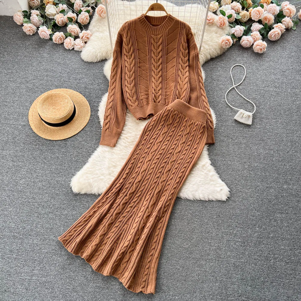 

New Autumn Winter Women Knitted Skirt Suits Fashion Twisted Loose Pullover Sweater And Mermaid Long Skirt Two Piece Set